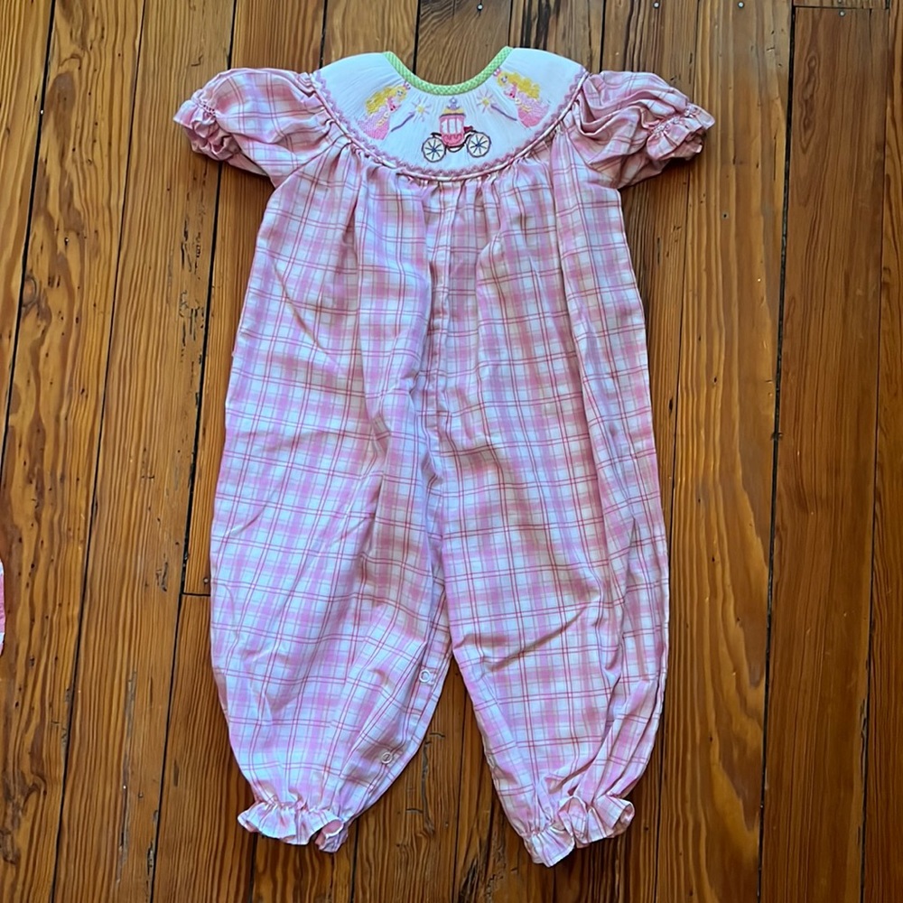 Smocked Princess and carriage pink plaid pants bubble
